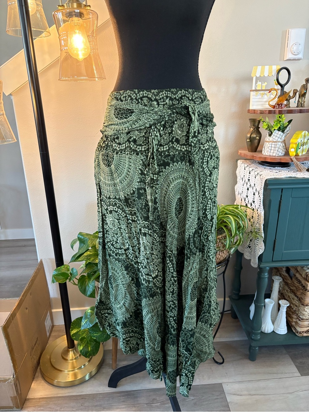 Bohemian Green Printed Asymmetrical Tie-Waist Skirt